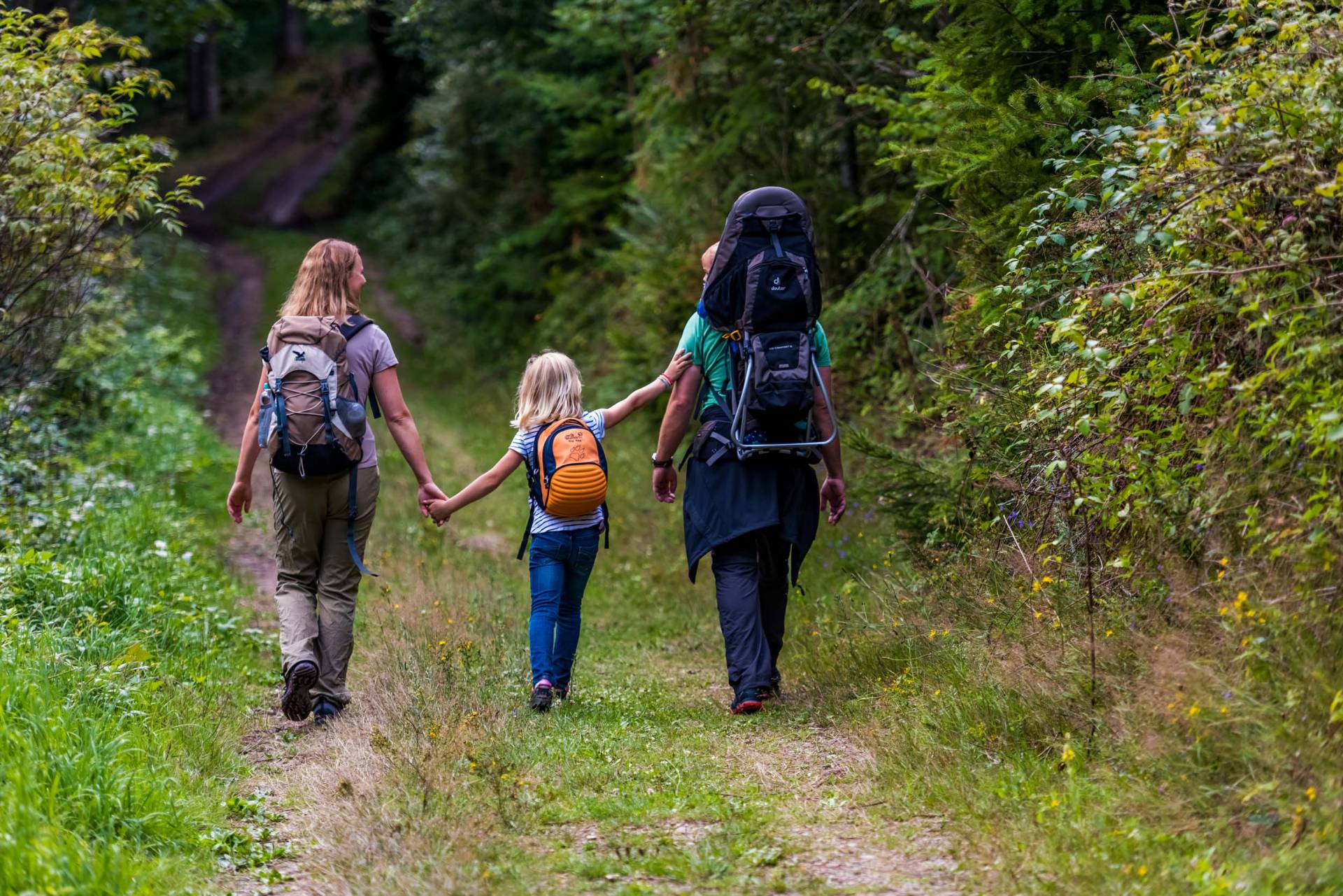 Familie beim Wandern im Wald am Feldberg