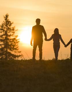 Familie läuft Hand in Hand im Sonnenuntergang